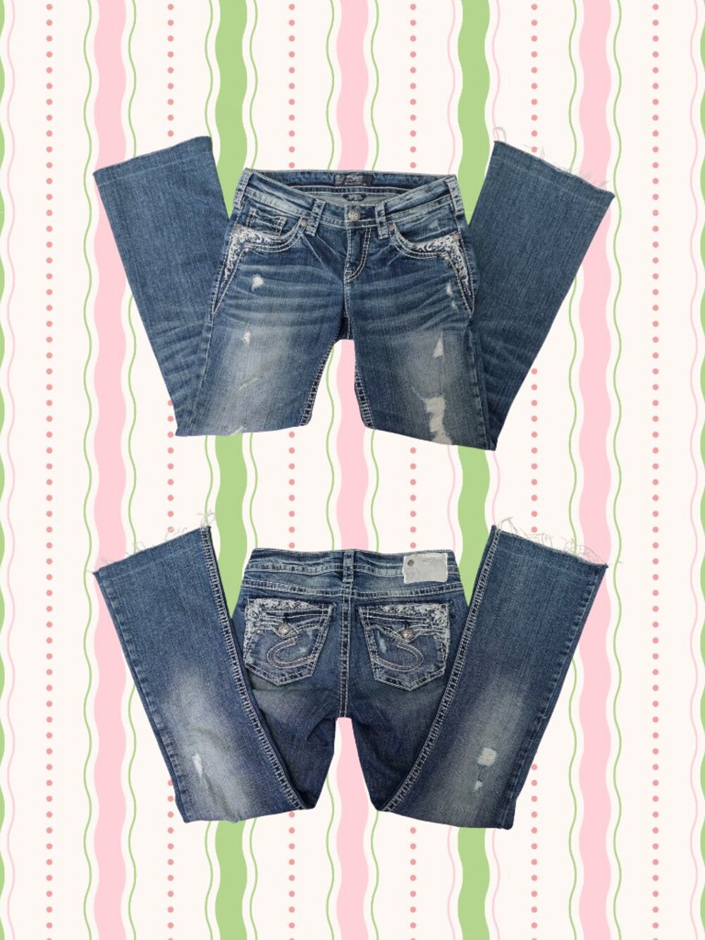 Y2K Silver McBling Bootcut Low Rise Distressed Jeans, Size US26, 2000s Aesthetic